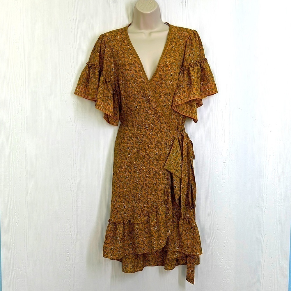 Max Studio - Yellow Ruffled White Floral Mid Short Sleeve Dress Size Medium